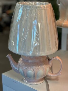 Pink Ceramic Teapot Table Lamp with Cream Shade